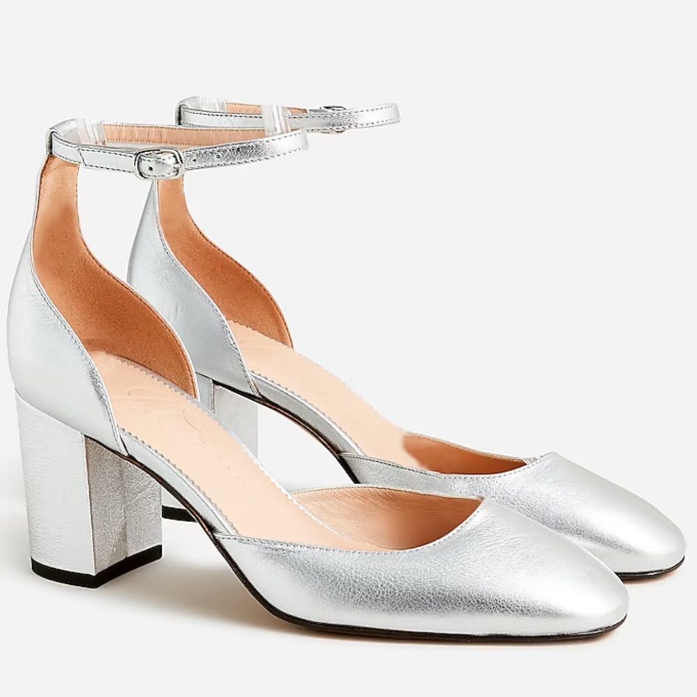 J. CREW Maisie ankle strap heels metallic silver leather size 8.5